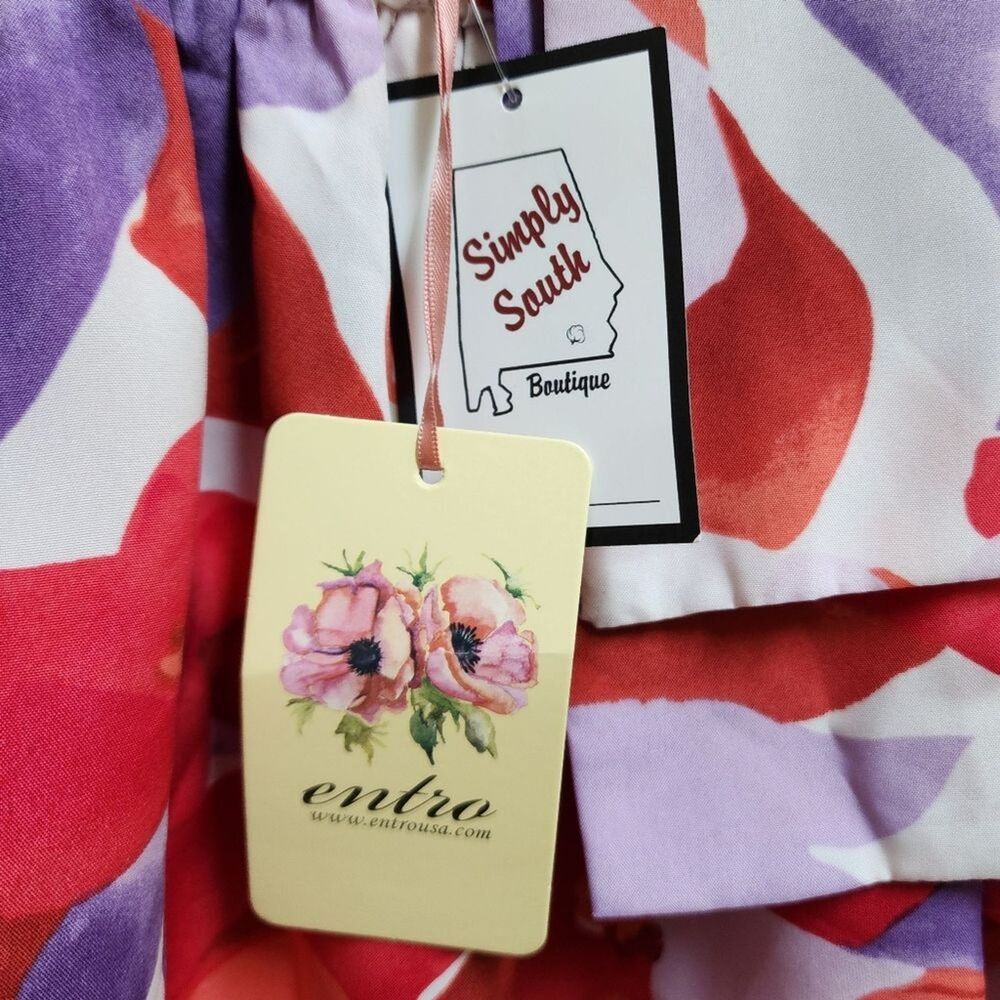Entro  Red Purple Abstract Floral Halter Mini Layered Flared Dress Size L Beach - Picture 12 of 15